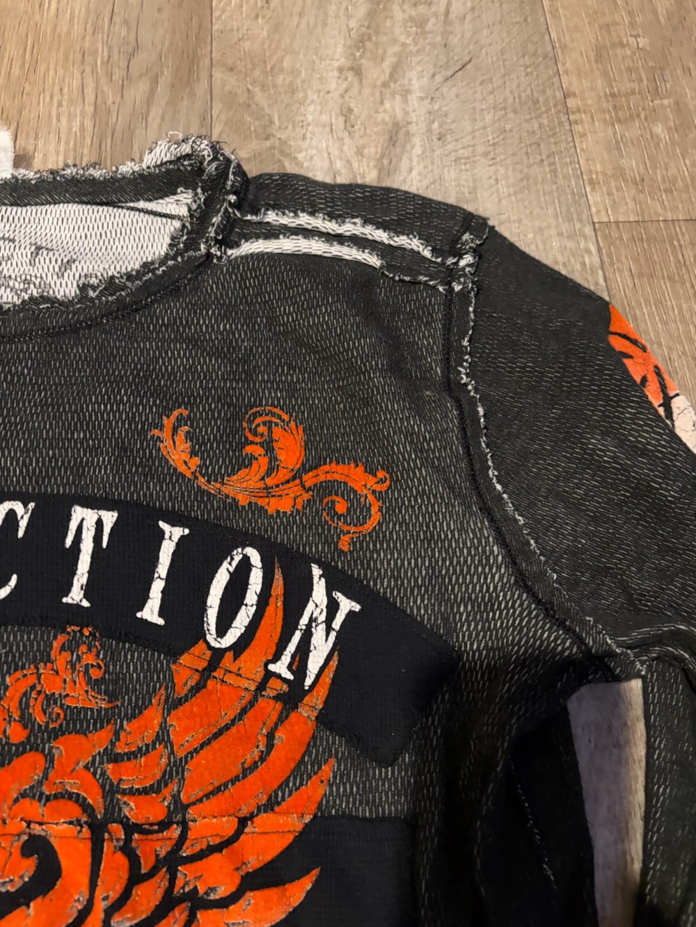 Y2K Affliction Black Long Sleeve with Orange and White Crest Graphic. Size XL - Picture 4 of 7
